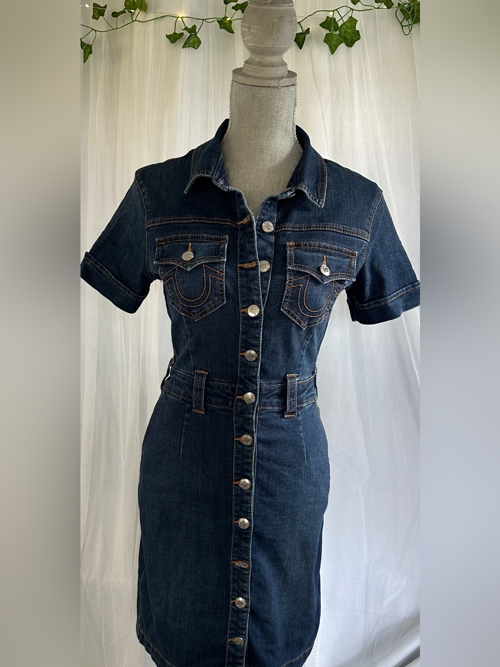 True Religion Classic Dark Blue Denim Button-Front Shirt Dress
